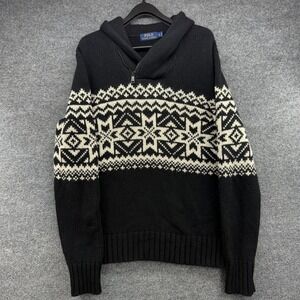 Polo Ralph‎ Lauren Mens Fair Isle Hoodie Black Cashmere Angora Sweater Small